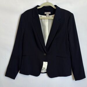 H&M Women Sz L Classic Navy Blue one button Blazer Notched lapel Lined back Vent